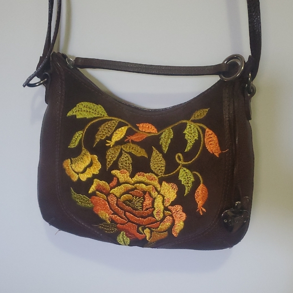 Sharif Studio Leather Brown Embroidered Floral Crossbody Bag